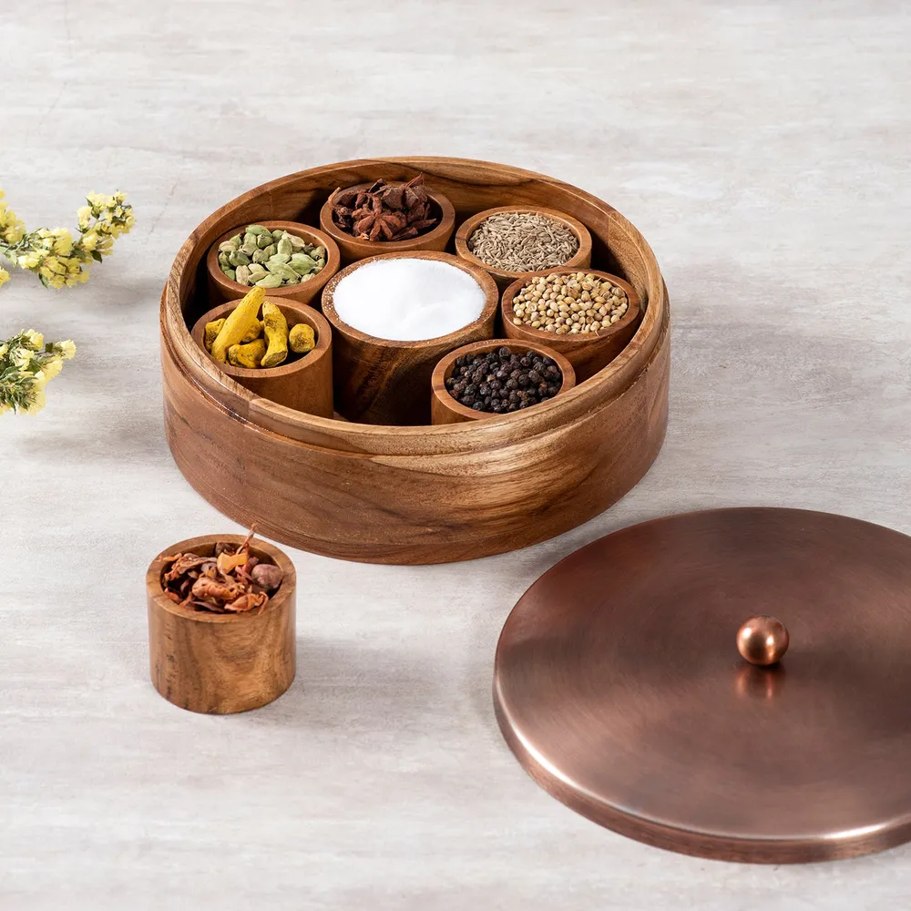 Copper Wood with Stainless Steel Jars & Lid Masala/Spice Box