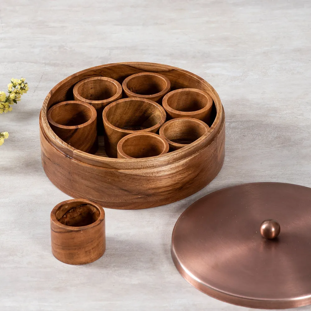 Copper Wood with Stainless Steel Jars & Lid Masala/Spice Box