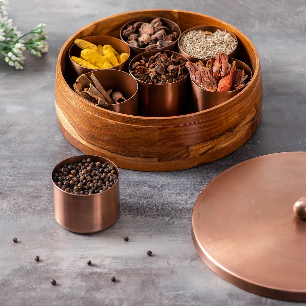 Copper Wood with Stainless Steel Jars & Lid Masala/Spice Box