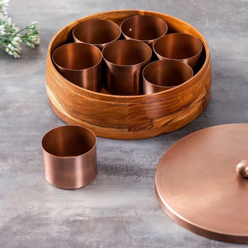 Copper Wood with Stainless Steel Jars & Lid Masala/Spice Box