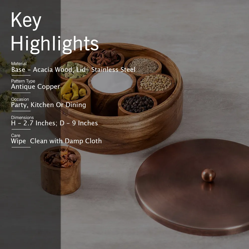 Copper Wood with Stainless Steel Jars & Lid Masala/Spice Box