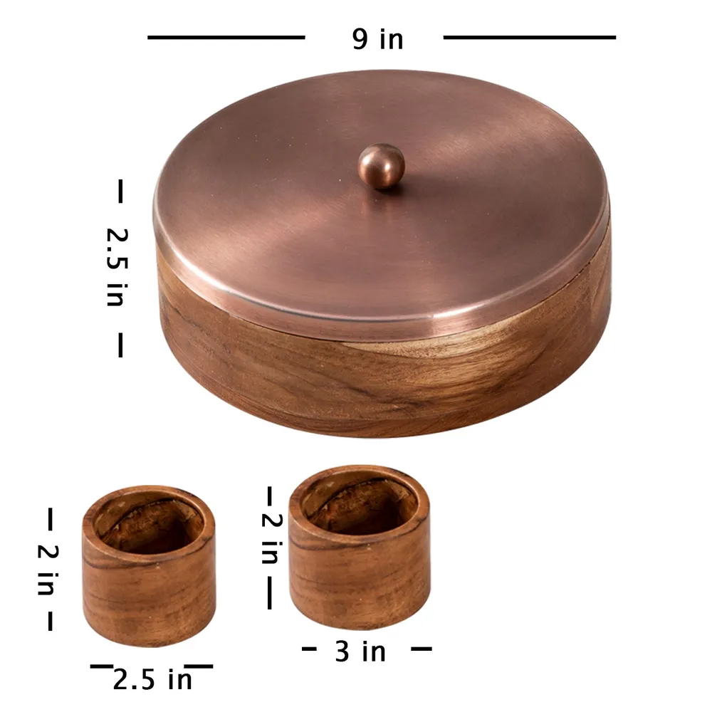Copper Wood with Stainless Steel Jars & Lid Masala/Spice Box