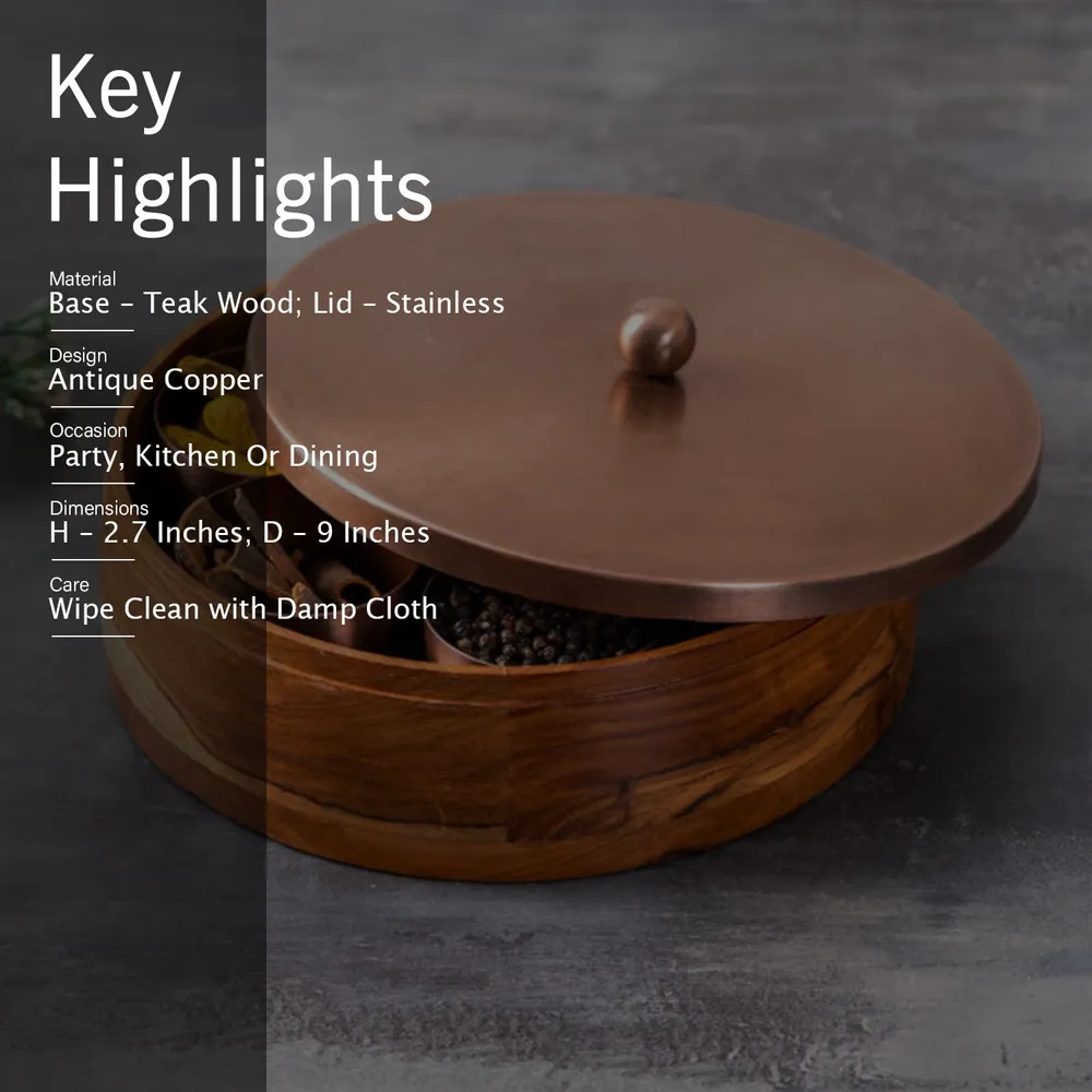 Copper Wood with Stainless Steel Jars & Lid Masala/Spice Box