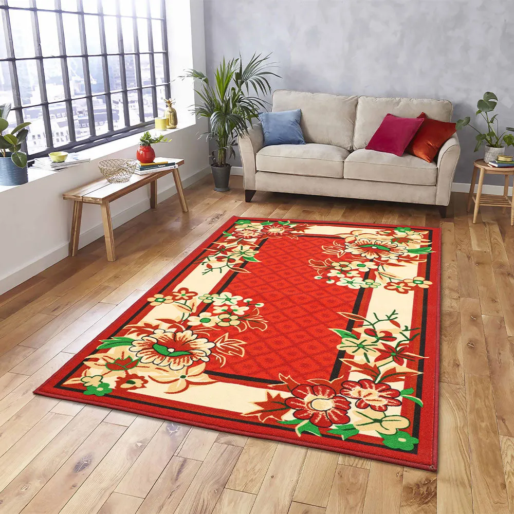 Coral Red Floral Bordered Premium Quality Area Carpet