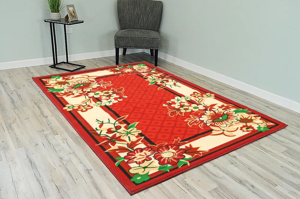 Coral Red Floral Bordered Premium Quality Area Carpet
