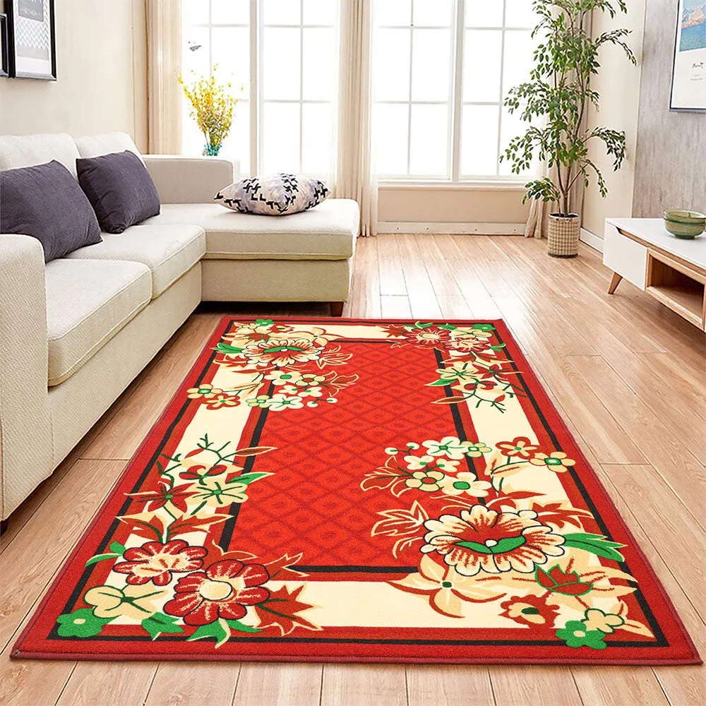 Coral Red Floral Bordered Premium Quality Area Carpet
