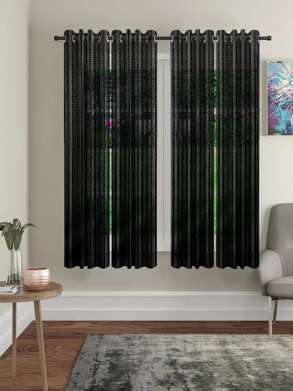 Cortina Black Intricate Designer Sheer Window Net Curtain Pack Of 4