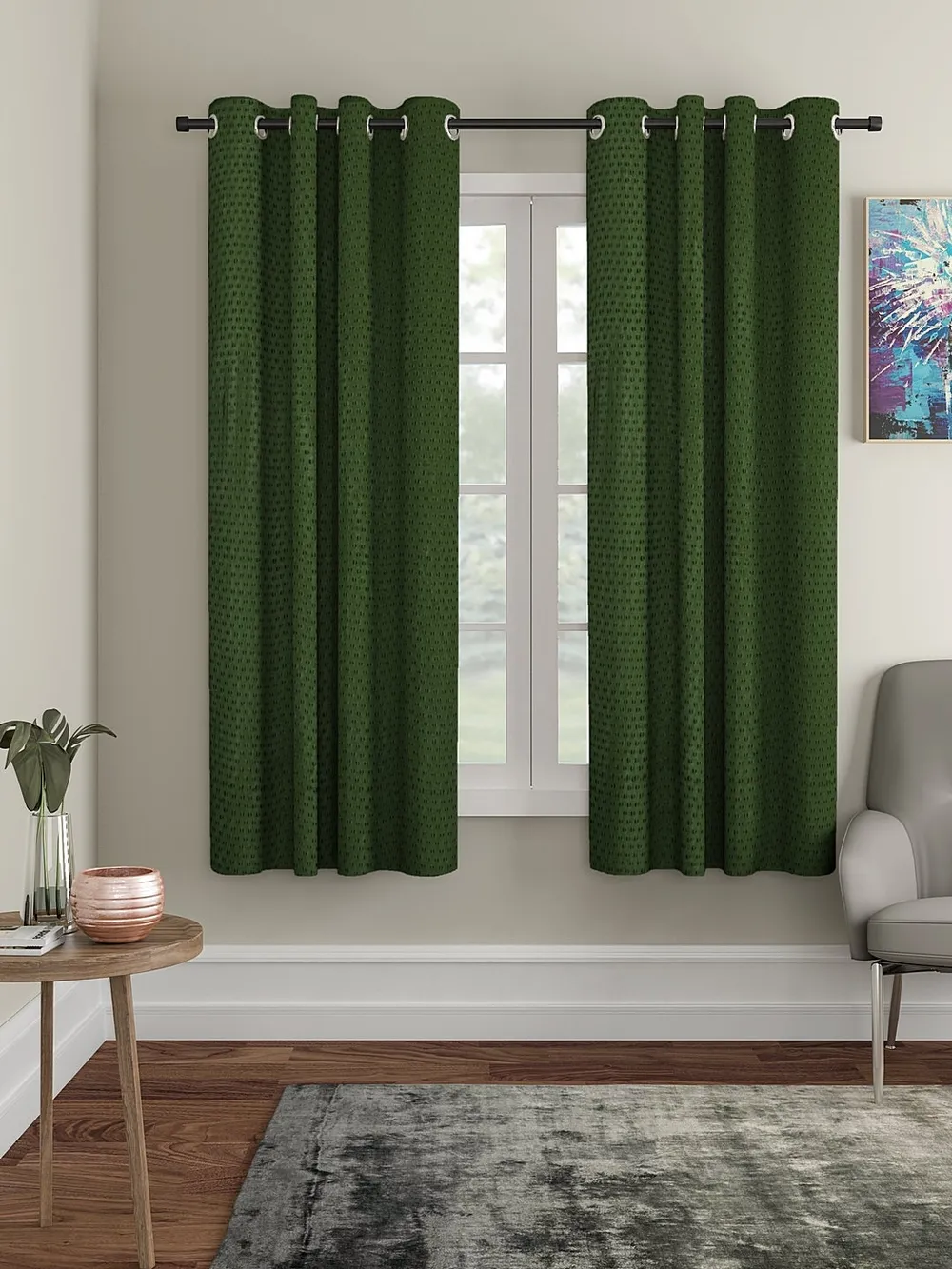 Cortina Bottle Green Designer Eyelet Window Curtain Pack Of 2