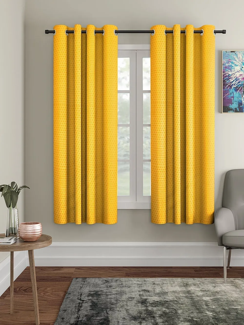 Cortina Bright Yellow Designer Eyelet Window Curtain Pack Of 2