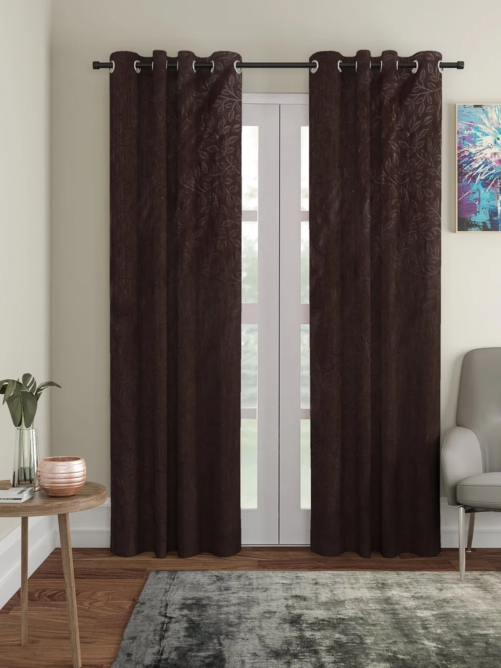 Cortina Brown Leaves Designer Eyelet Door Curtain Regular (Size: 210 cm x 115 cm)