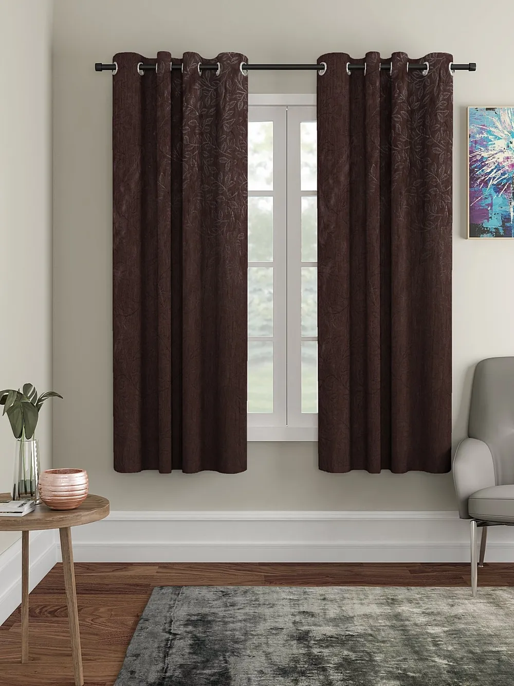 Cortina Brown Leaves Designer Eyelet Window Curtain Pack Of 2