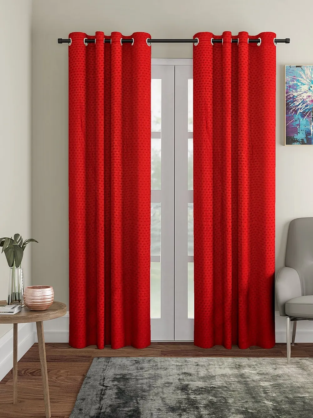 Cortina Coral Red Designer Eyelet Door Curtain Regular (Size: 210 cm x 115 cm)