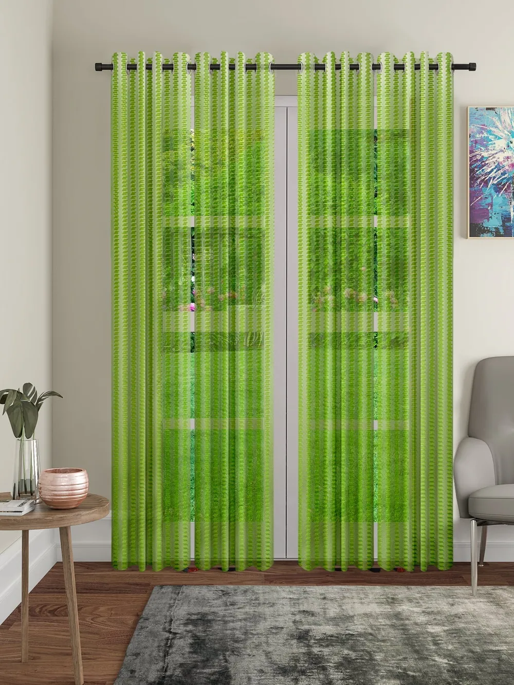 Cortina Florescent Green Designer Sheer Door Net Curtain Regular (Size: 7FT X 4FT)