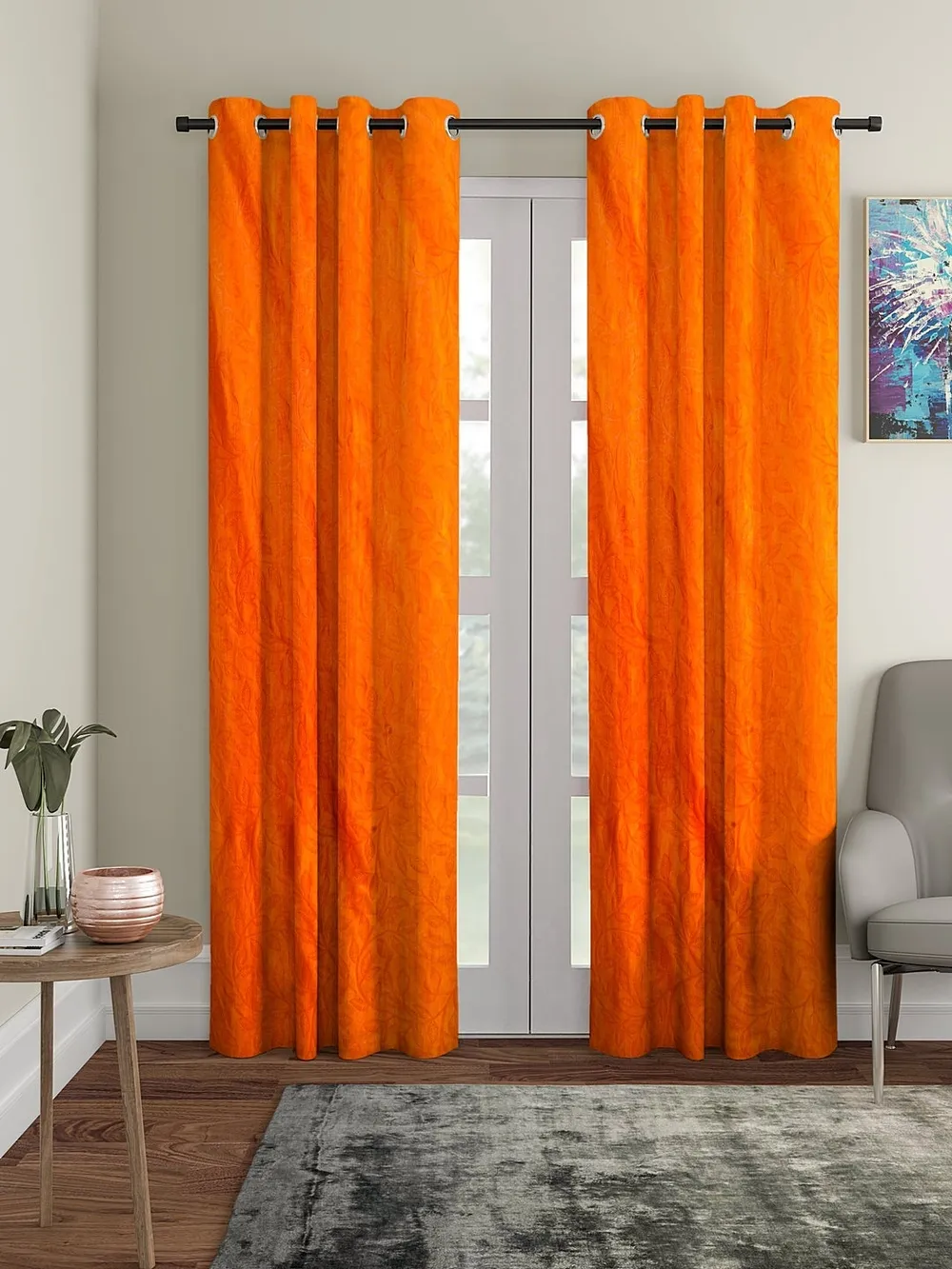 Cortina Florescent Orange Designer Eyelet Door Curtain Regular (Size: 210 cm x 115 cm)