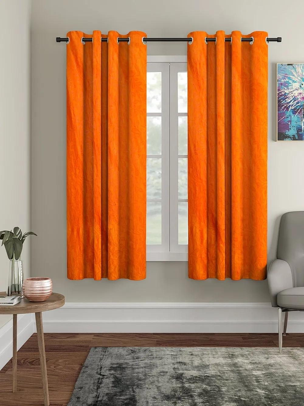 Cortina Florescent Orange Designer Eyelet Window Curtain Pack Of 2