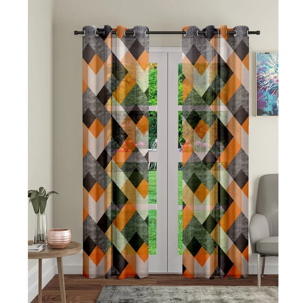 Cortina Geometric Orange & Black Sheer Door Net Curtain Regular (Size: 7FT X 4FT)