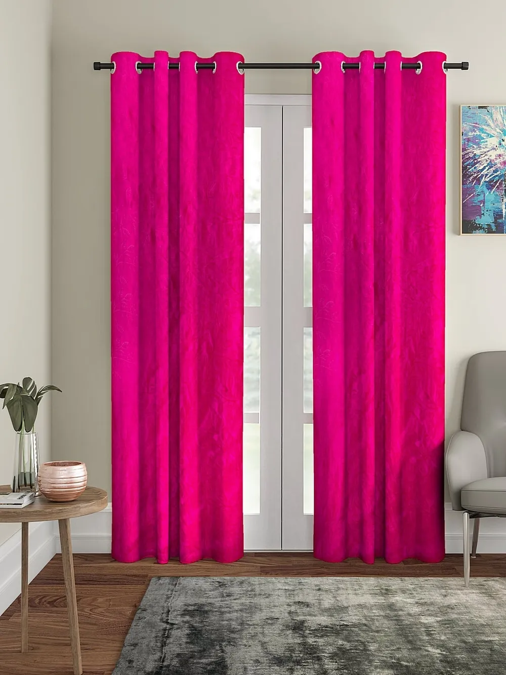 Cortina Hot Pink Designer Eyelet Door Curtain Regular (Size: 210 cm x 115 cm)