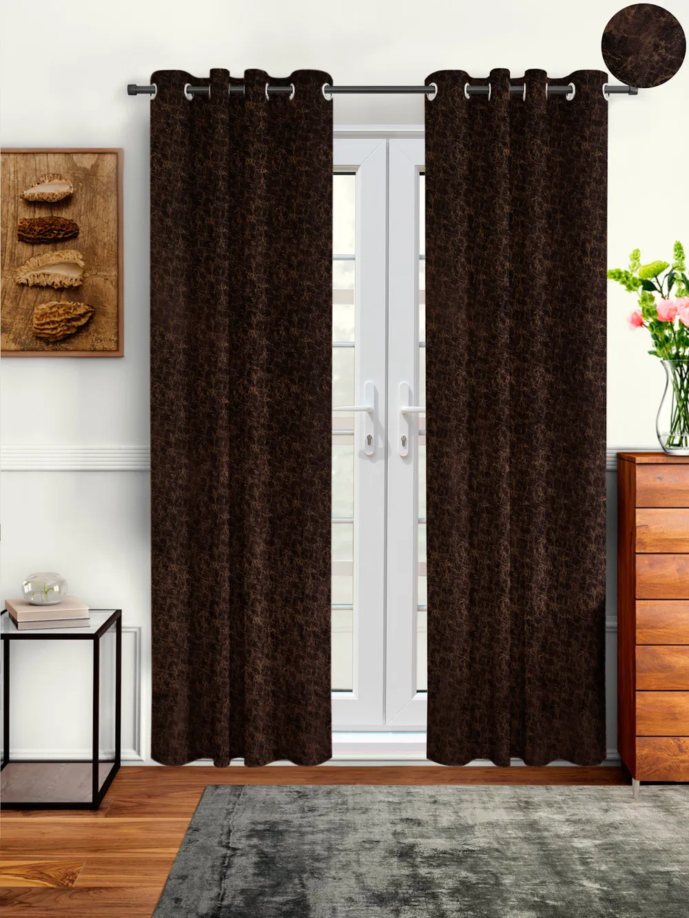 Cortina Luscious Brown Velvet Soft Eyelet Curtain-Set of 2 Window