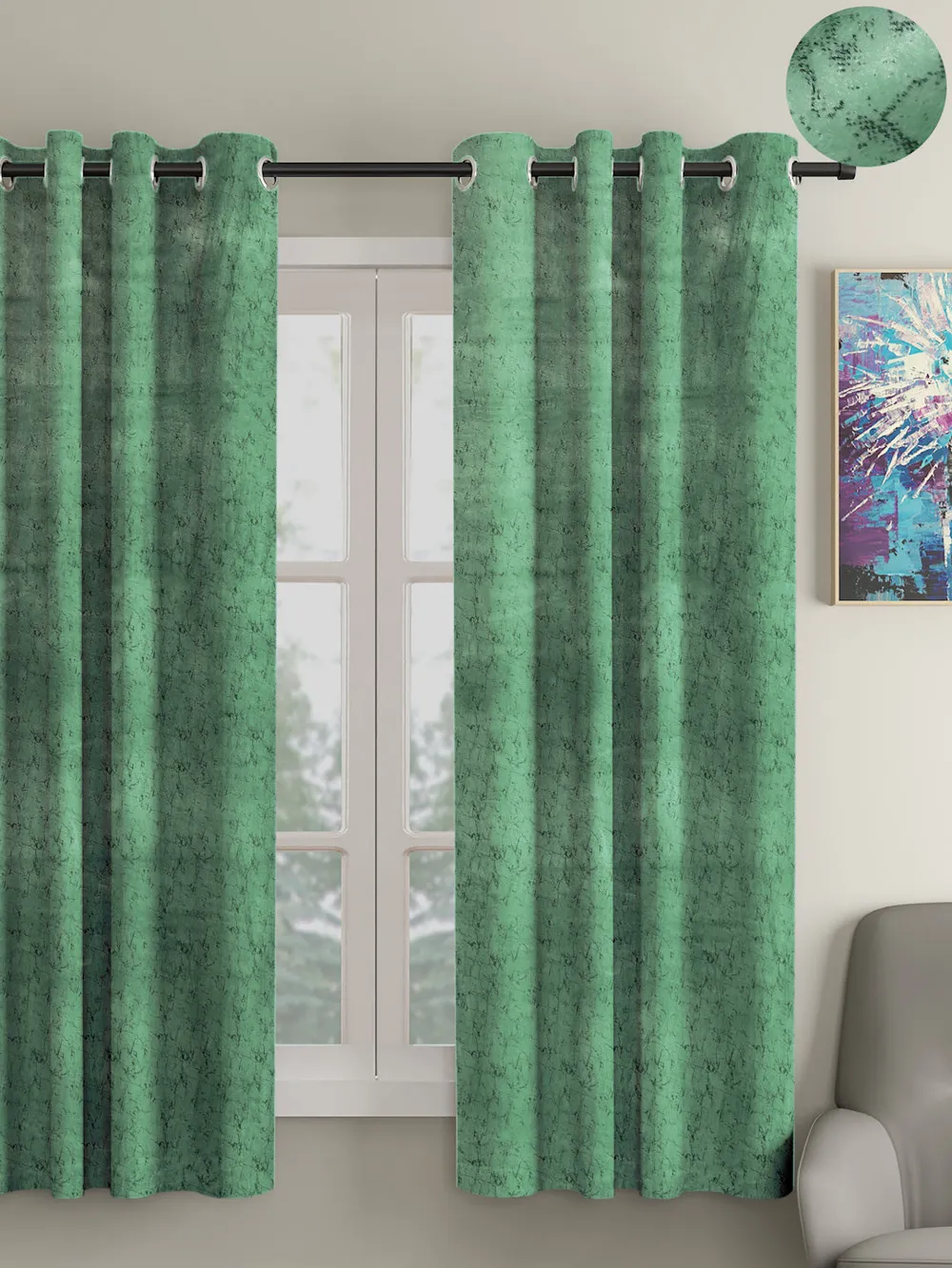 Cortina Luscious Green Velvet Soft Eyelet Curtain-Set of 2 Window