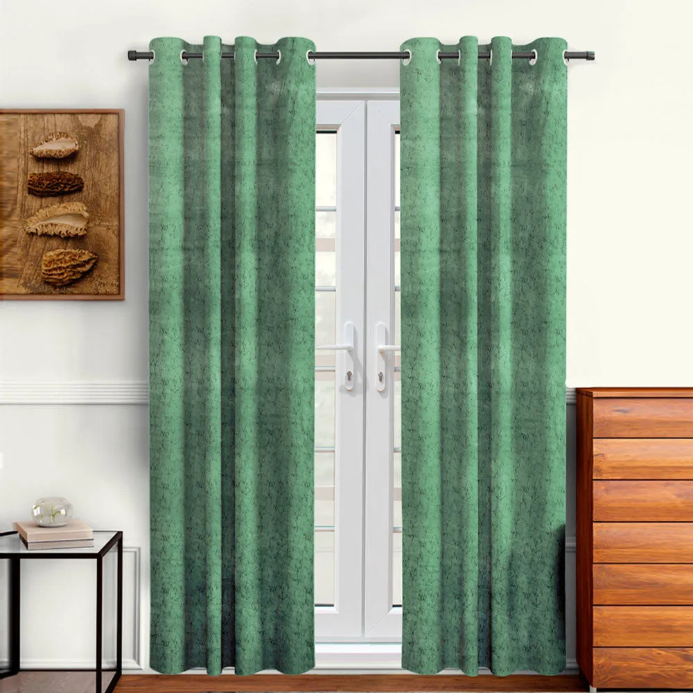 Cortina Luscious Green Velvet Soft Eyelet Curtain-Set of 2 Window