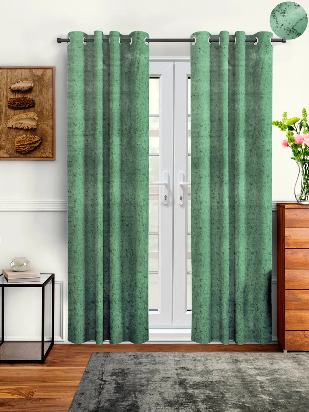 Cortina Luscious Green Velvet Soft Eyelet Curtain-Set of 2 Window