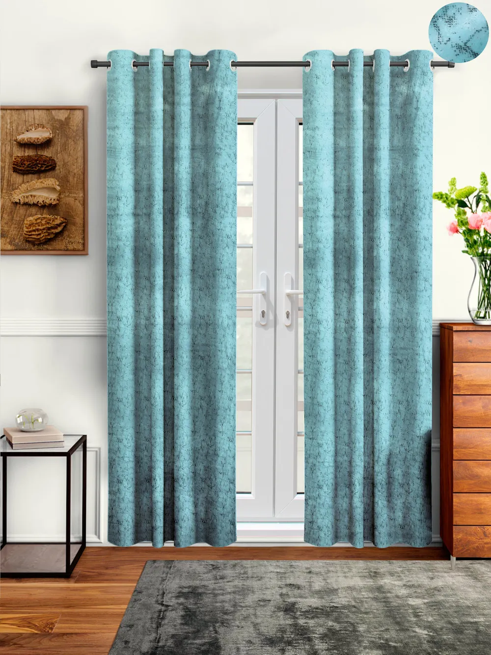 Cortina Luscious Light Blue Velvet Soft Eyelet Curtain-Set of 2 Window