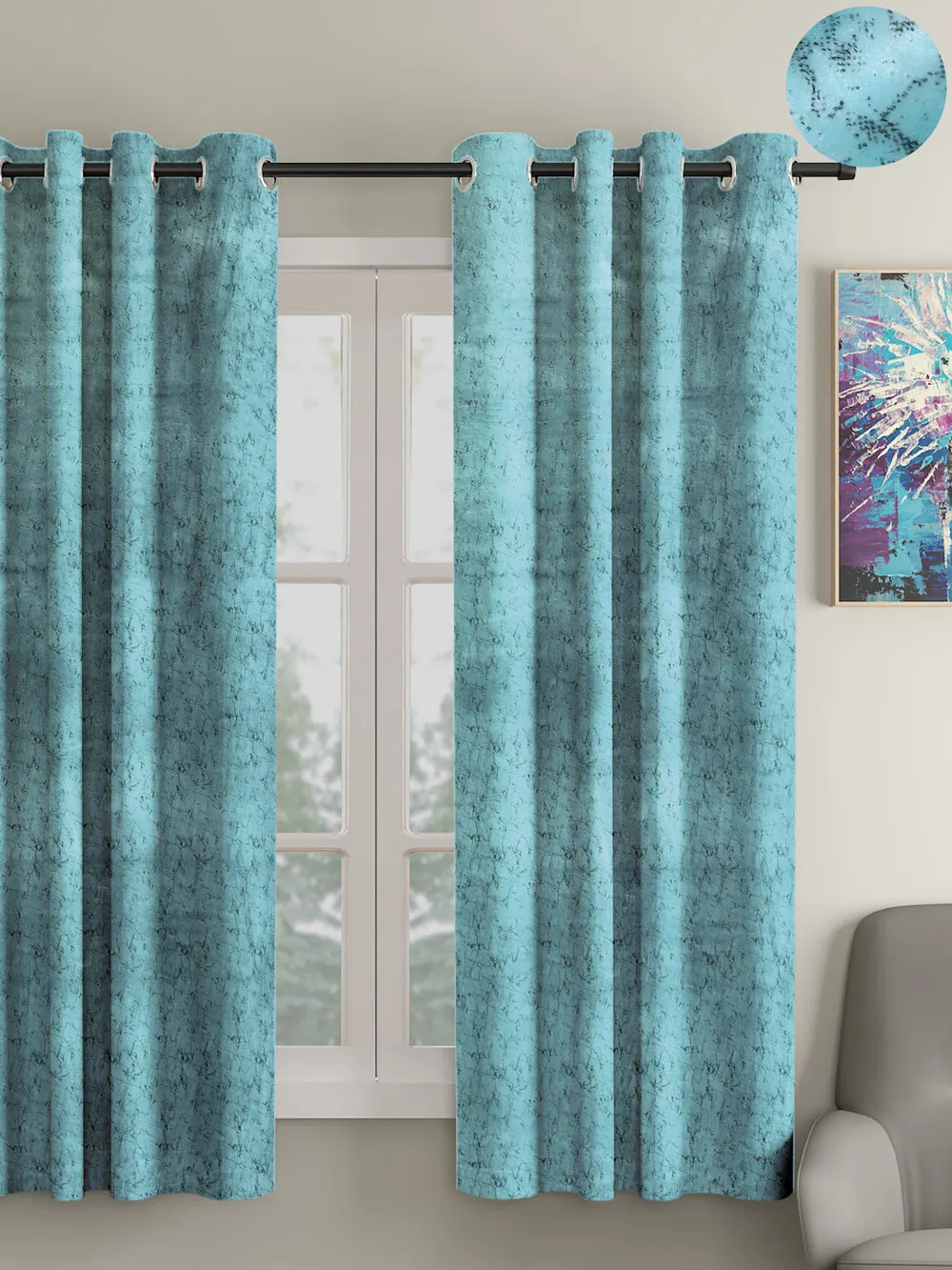 Cortina Luscious Light Blue Velvet Soft Eyelet Curtain-Set of 2 Window