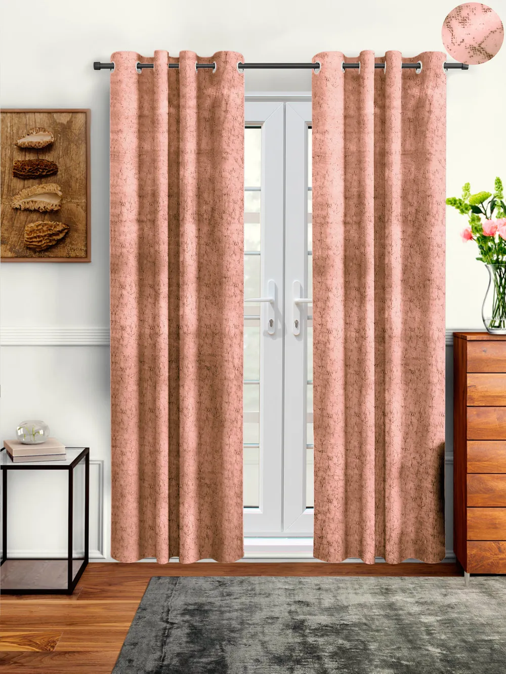 Cortina Luscious Light Grey Velvet Soft Eyelet Curtain-Set of 2 Window
