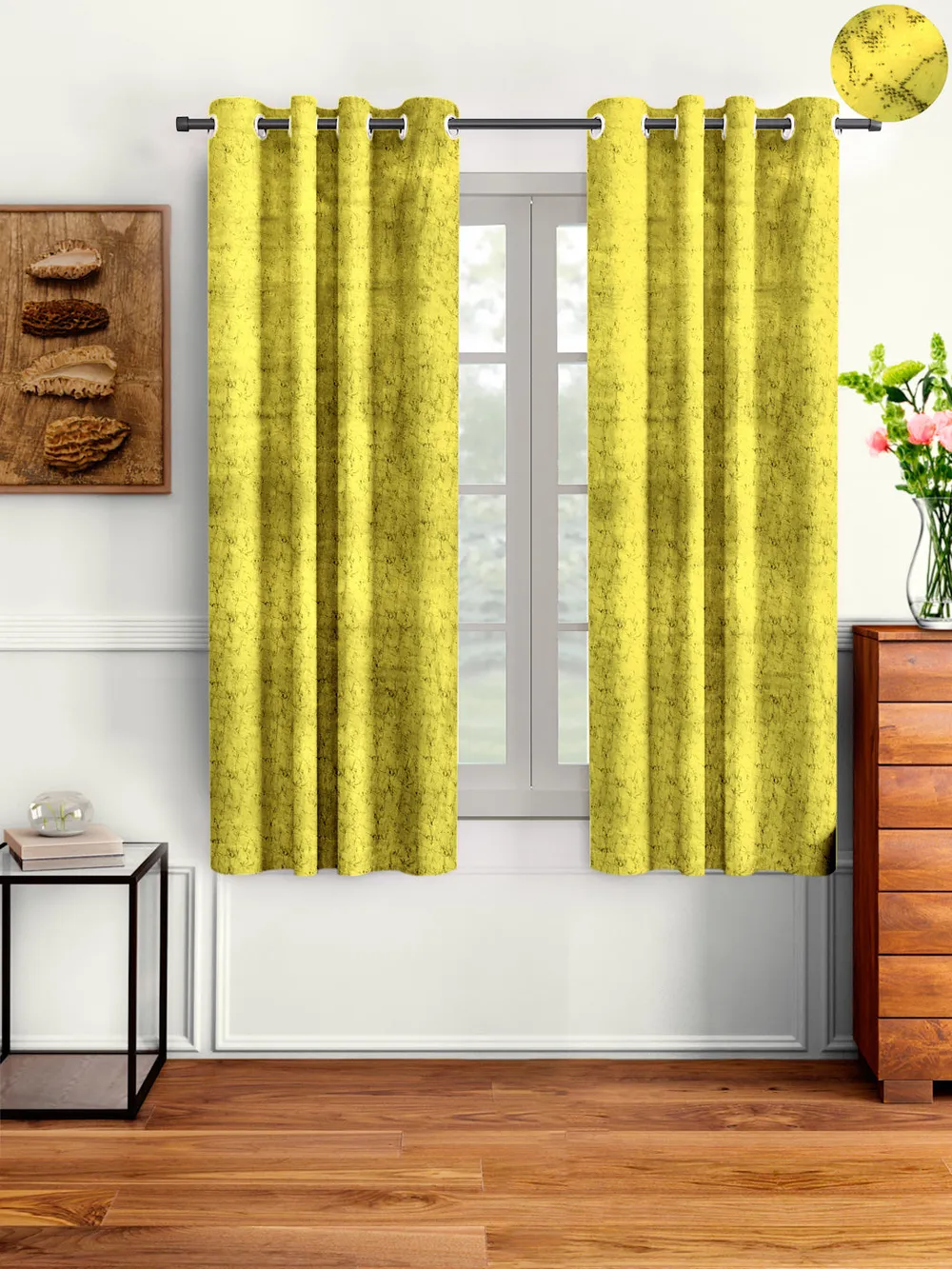 Cortina Luscious Light Yellow Velvet Soft Eyelet Curtain-Set of 2 Window