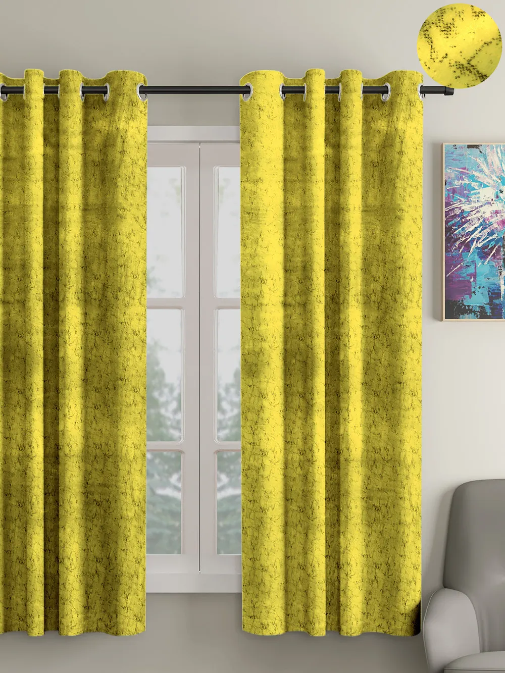Cortina Luscious Light Yellow Velvet Soft Eyelet Curtain-Set of 2 Window