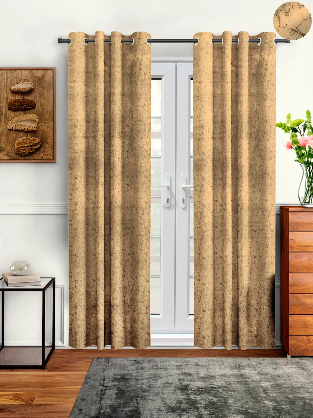 Cortina Luscious Mustard Velvet Soft Eyelet Curtain-Set of 2 Window