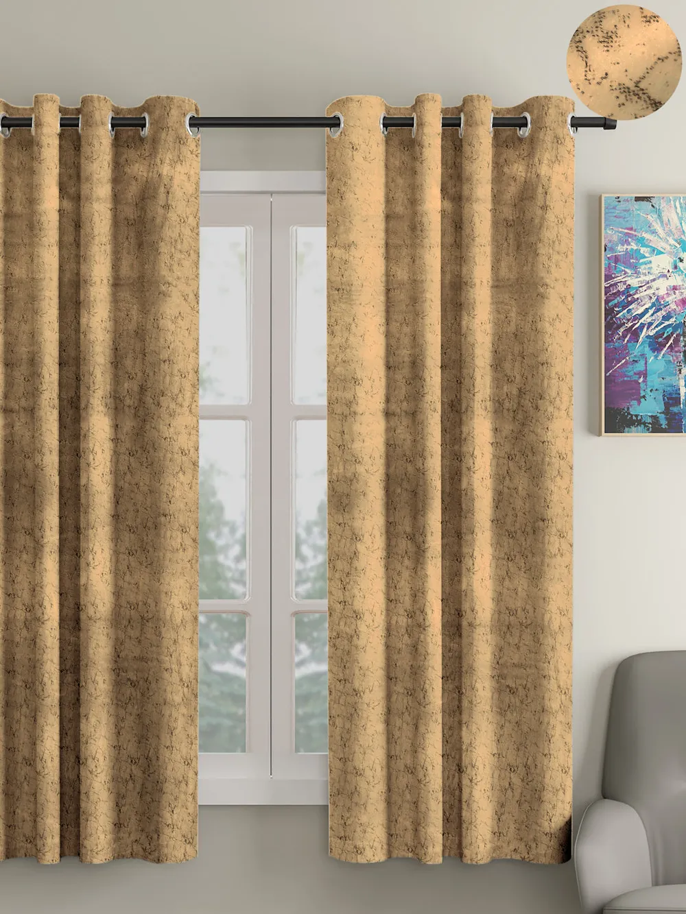 Cortina Luscious Mustard Velvet Soft Eyelet Curtain-Set of 2 Window