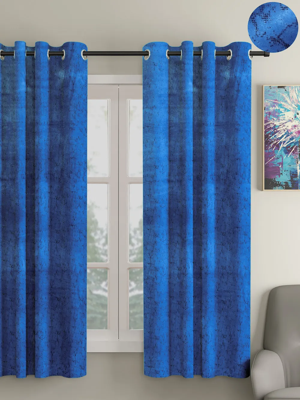 Cortina Luscious Navy Blue Velvet Soft Eyelet Curtain-Set of 2 Window