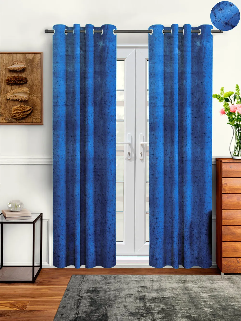 Cortina Luscious Navy Blue Velvet Soft Eyelet Curtain-Set of 2 Window