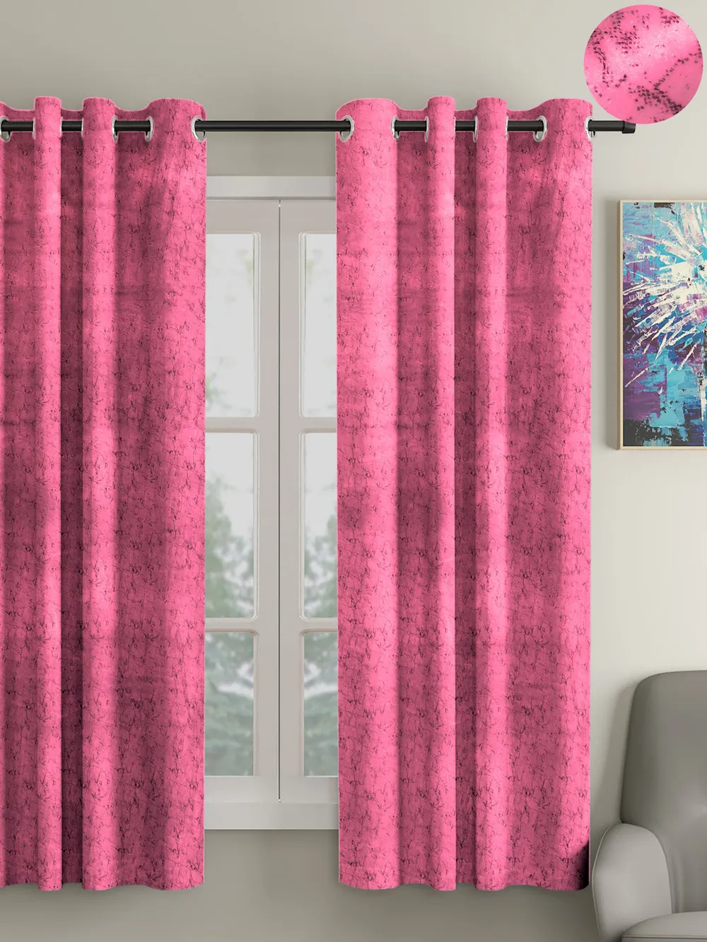 Cortina Luscious Pink Velvet Soft Eyelet Curtain-Set of 2 Window