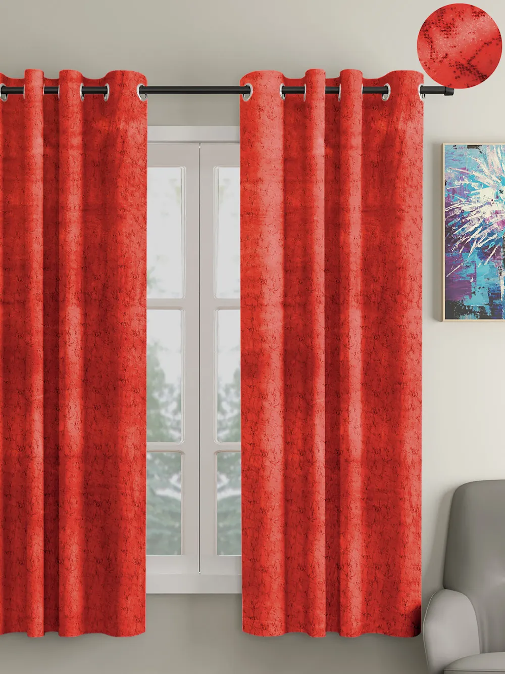 Cortina Luscious Red Velvet Soft Eyelet Curtain-Set of 2 Window