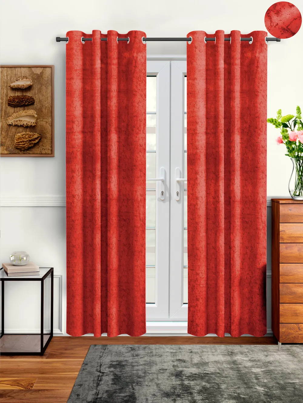 Cortina Luscious Red Velvet Soft Eyelet Curtain-Set of 2 Window