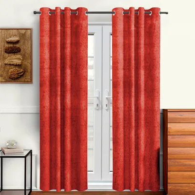 Cortina Luscious Red Velvet Soft Eyelet Curtain-Set of 2