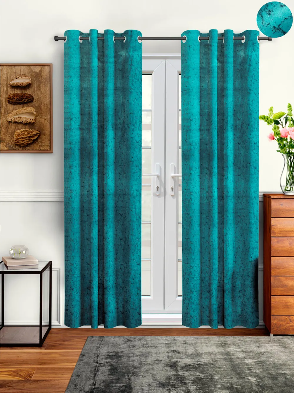 Cortina Luscious Rich Blue Velvet Soft Eyelet Curtain-Set of 2 Window
