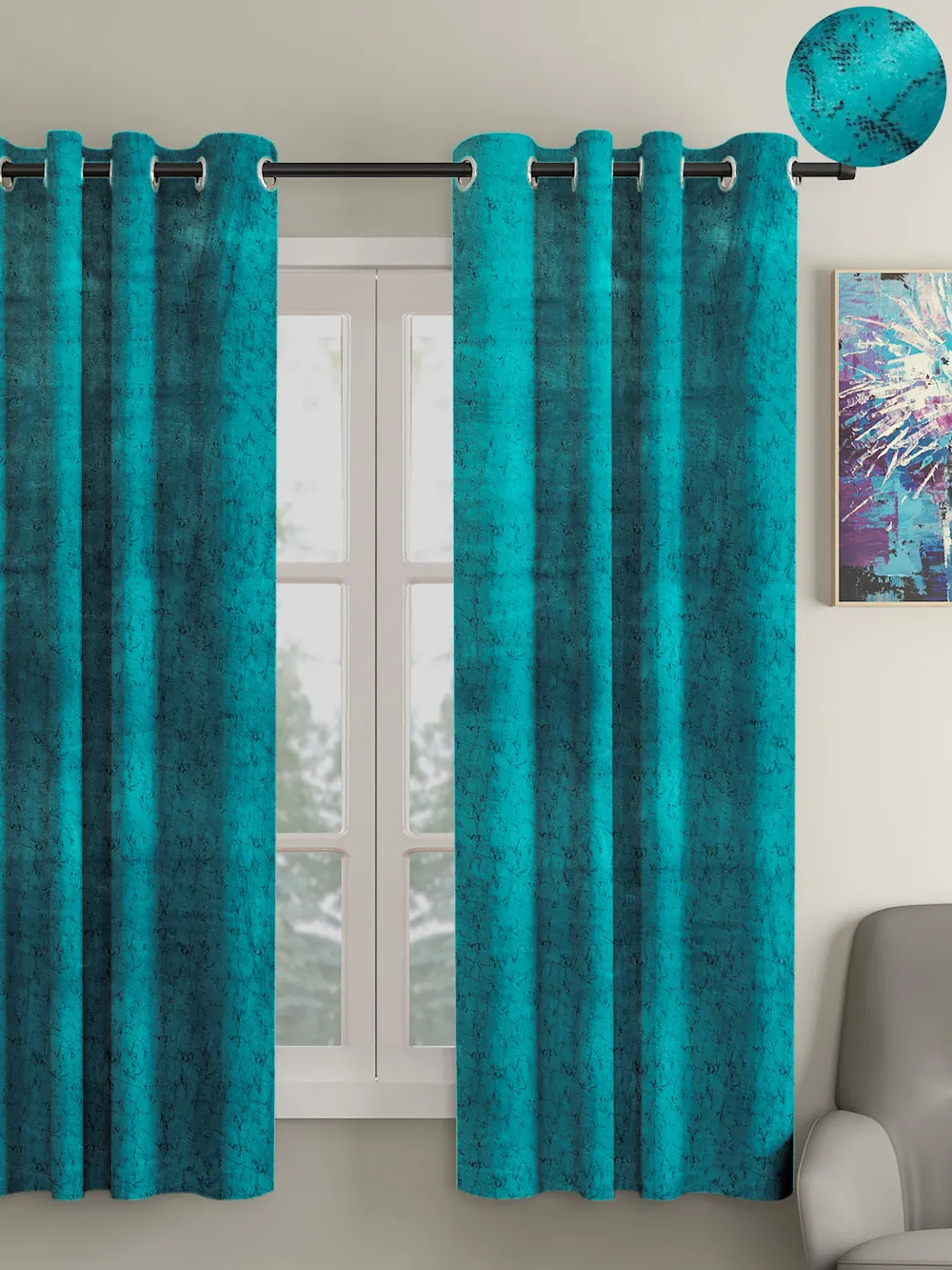Cortina Luscious Rich Blue Velvet Soft Eyelet Curtain-Set of 2 Window