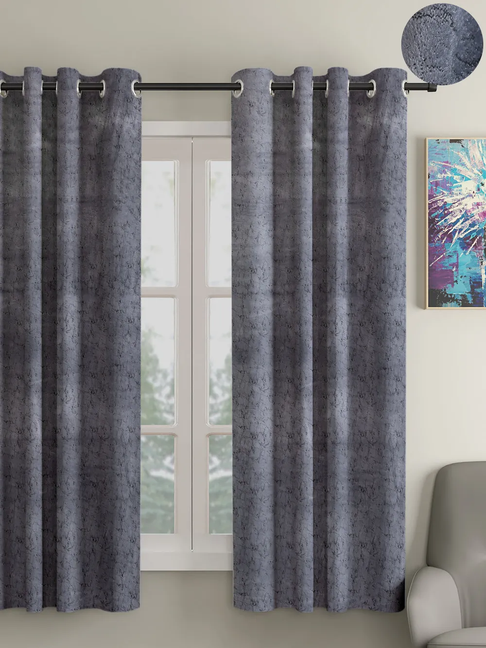 Cortina Luscious Silver Velvet Soft Eyelet Curtain-Set of 2 Window