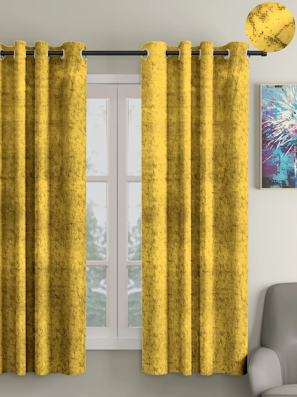 Cortina Luscious Yellow Velvet Soft Eyelet Curtain-Set of 2 Window