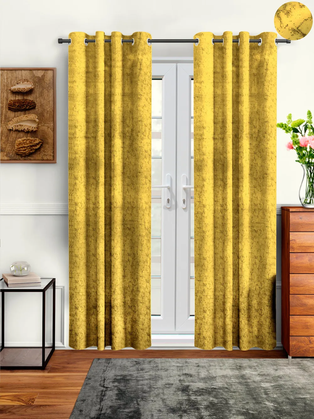 Cortina Luscious Yellow Velvet Soft Eyelet Curtain-Set of 2 Window