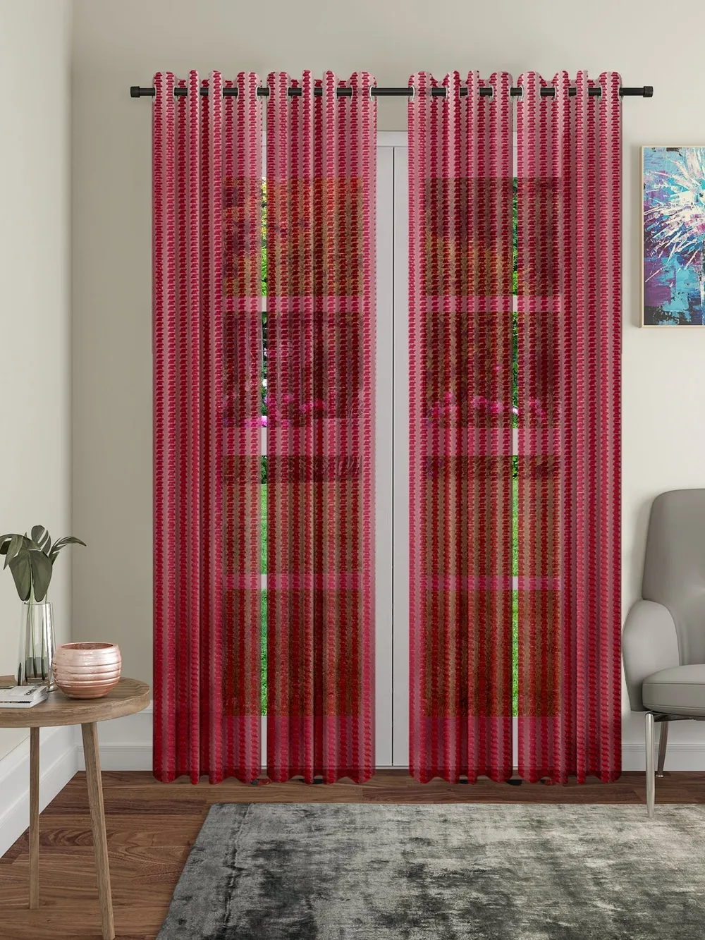 Cortina Maroon Intricate Designer Sheer Door Net Curtain Regular (Size: 7FT X 4FT)