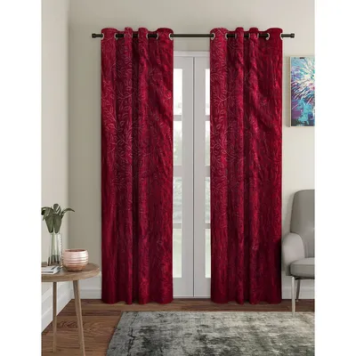 Cortina Maroon Leaves Designer Eyelet Door Curtain set of 2