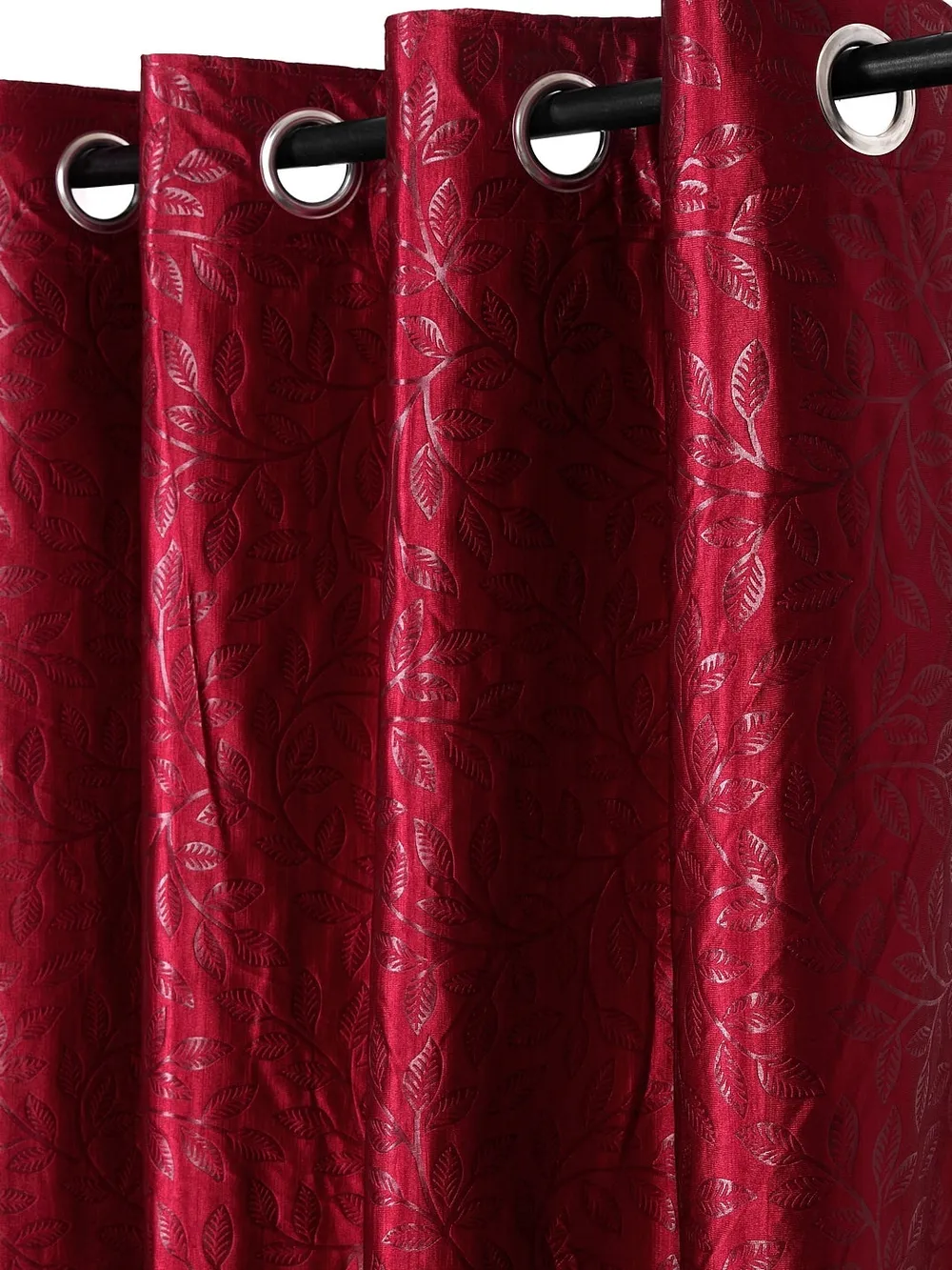 Cortina Maroon Leaves Designer Eyelet Door Curtain set of 2 Regular (Size: 210 cm x 115 cm)