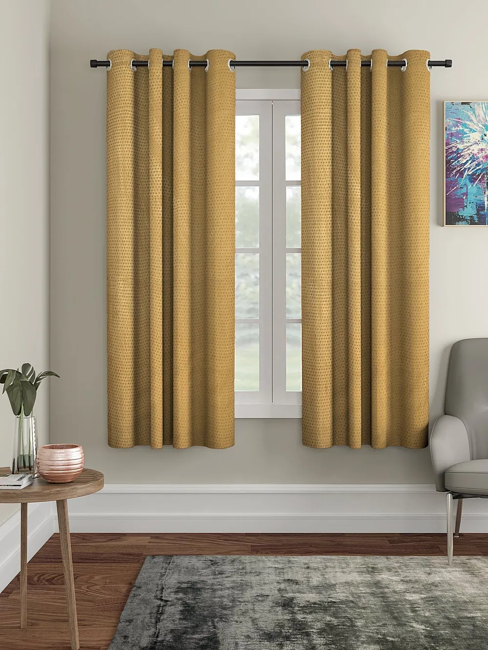 Cortina Mustard Yellow Designer Eyelet Window Curtain Pack Of 2