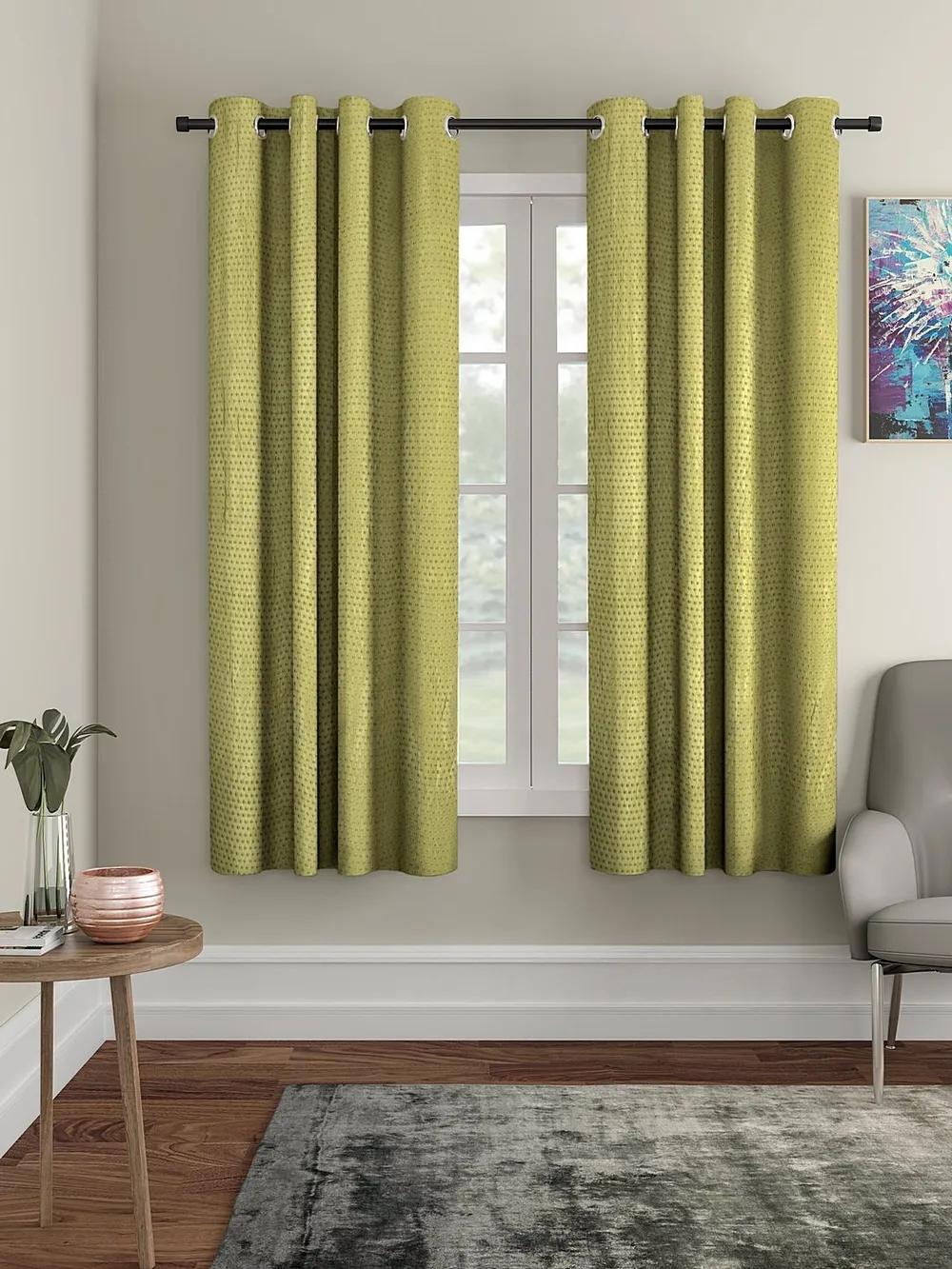 Cortina Olive Green Designer Eyelet Window Curtain Pack Of 2