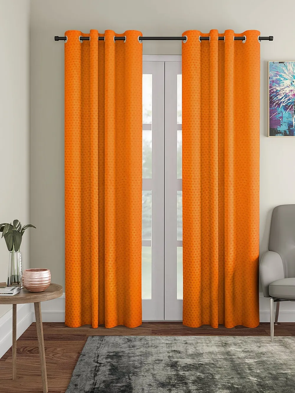Cortina Orange Designer Eyelet Door Curtain Regular (Size: 210 cm x 115 cm)