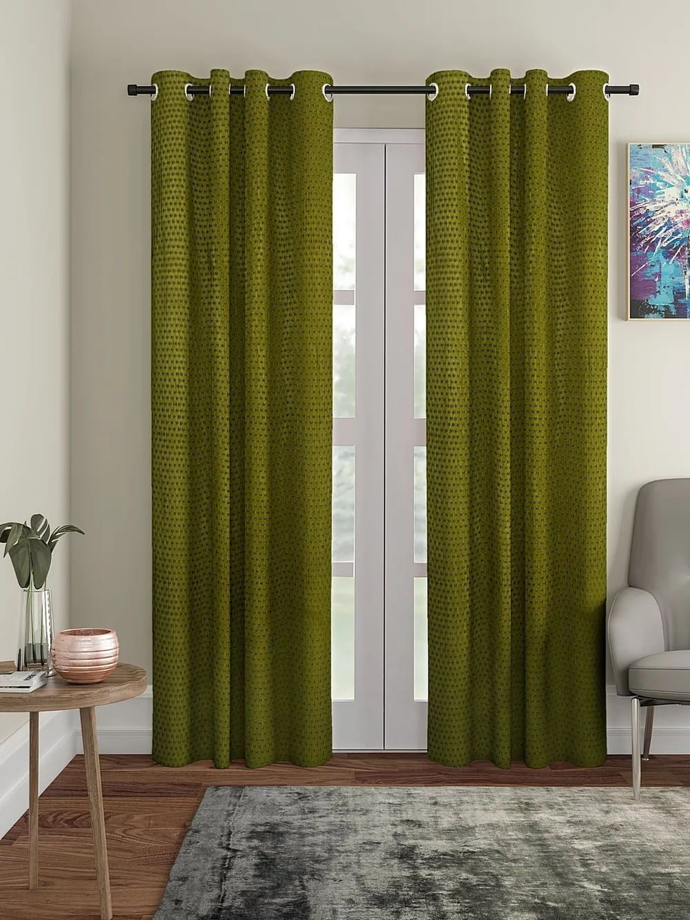Cortina Sap Green  Designer Eyelet Door Curtain Regular (Size: 210 cm x 115 cm)